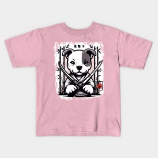 cute Pitbull katana Japanese letters forest bamboo Kids T-Shirt